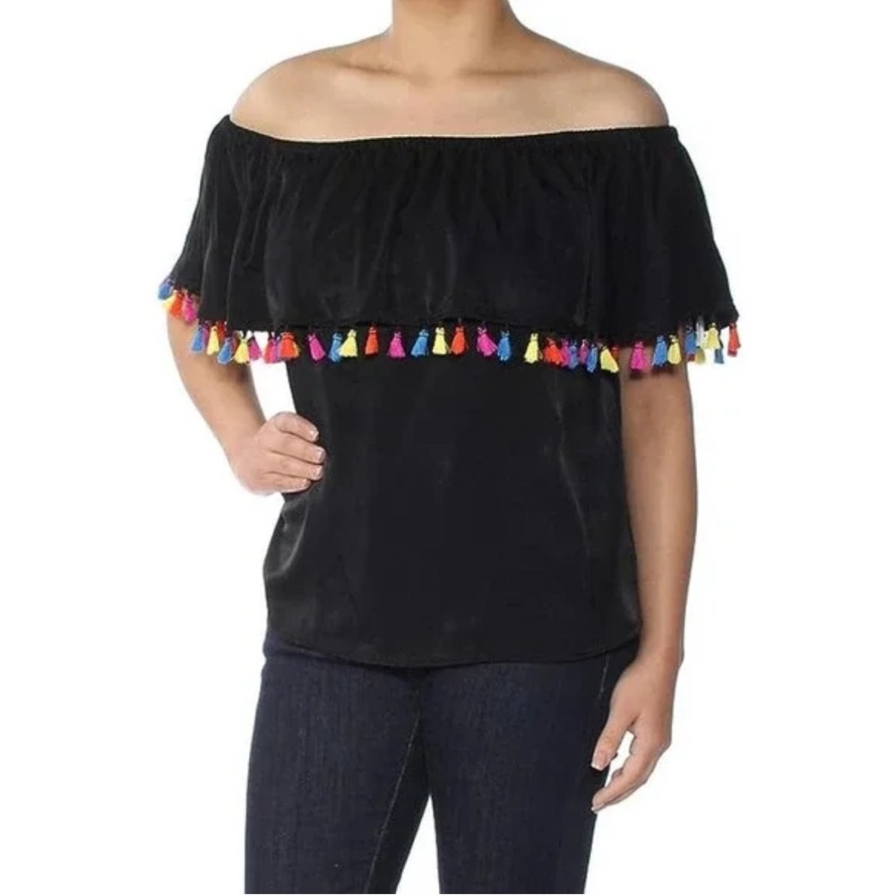 INC International Concepts Black Off Shoulder Top with Multicolor Tassels